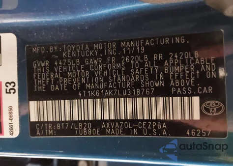 2020 Toyota Camry Xse from USA, damaged, VIN 4T1K61AK7LU318767